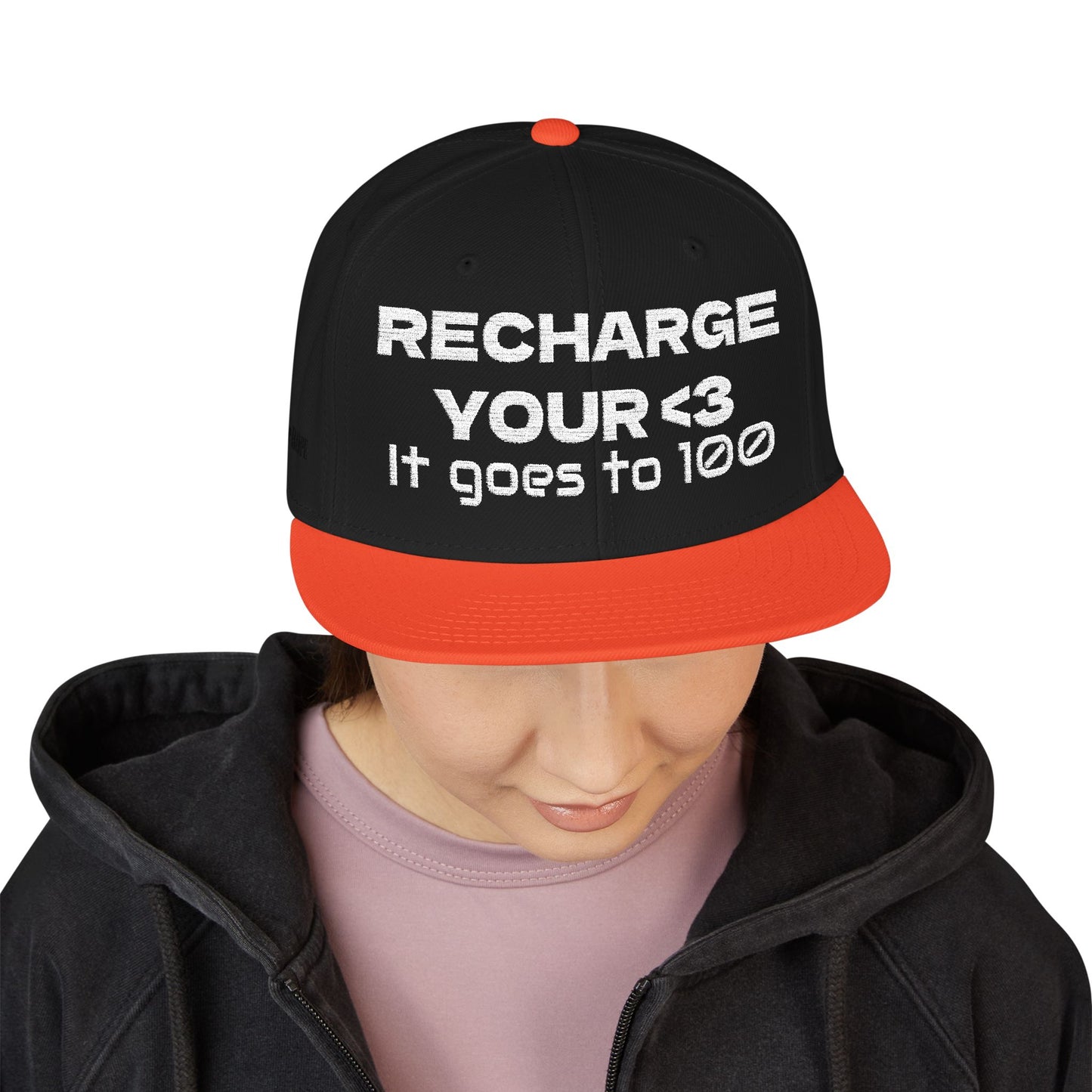White Font "RECHARGE YOUR <3 It Goes to 100" (Recharge your heart it goes to 100) Snapback Cap, Embroidered Hat, Casual Streetwear, Gift for Him/Her (Many color variants)