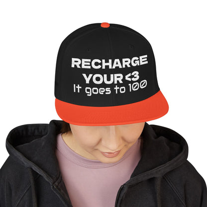 White Font "RECHARGE YOUR <3 It Goes to 100" (Recharge your heart it goes to 100) Snapback Cap, Embroidered Hat, Casual Streetwear, Gift for Him/Her (Many color variants)
