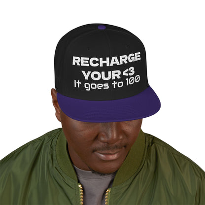 White Font "RECHARGE YOUR <3 It Goes to 100" (Recharge your heart it goes to 100) Snapback Cap, Embroidered Hat, Casual Streetwear, Gift for Him/Her (Many color variants)