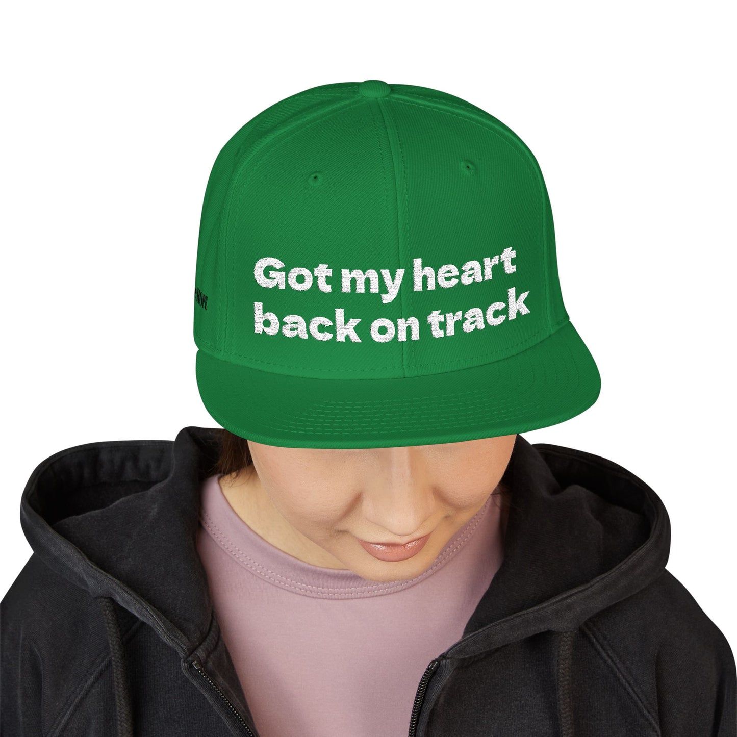 White Font "Got my heart back on track" Snapback Cap, Embroidered Hat, Casual Streetwear, (Many color variants)