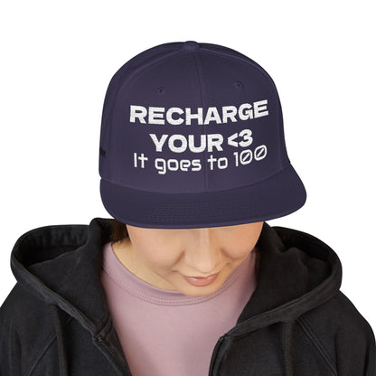 White Font "RECHARGE YOUR <3 It Goes to 100" (Recharge your heart it goes to 100) Snapback Cap, Embroidered Hat, Casual Streetwear, Gift for Him/Her (Many color variants)
