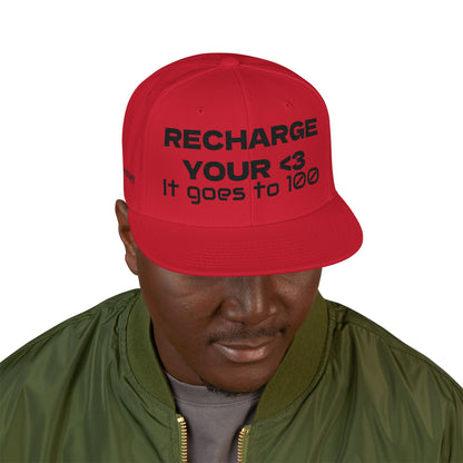 "RECHARGE YOUR <3 It Goes to 100" (Recharge your heart it goes to 100) Snapback Cap, Embroidered Hat, Casual Streetwear, Gift for Him/Her (Many color variants)
