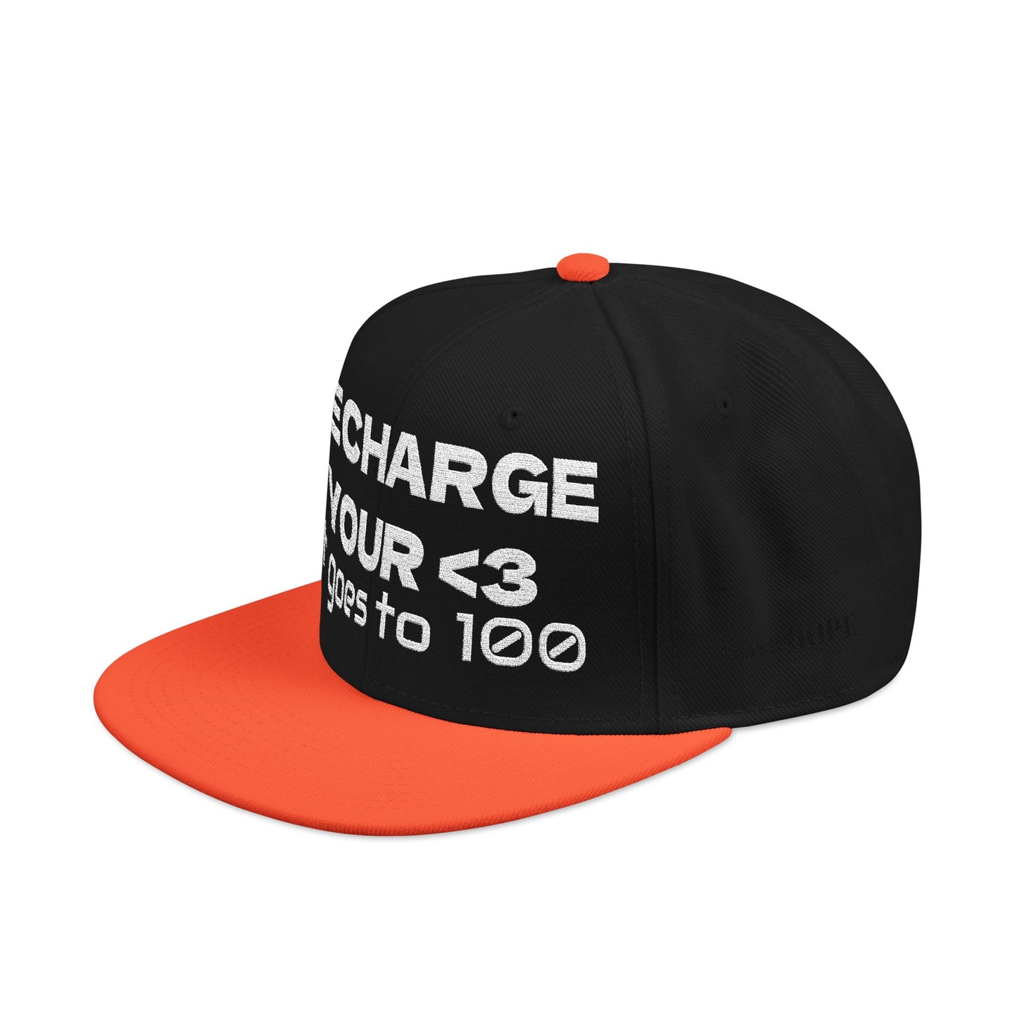White Font "RECHARGE YOUR <3 It Goes to 100" (Recharge your heart it goes to 100) Snapback Cap, Embroidered Hat, Casual Streetwear, Gift for Him/Her (Many color variants)