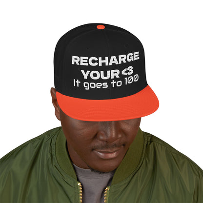 White Font "RECHARGE YOUR <3 It Goes to 100" (Recharge your heart it goes to 100) Snapback Cap, Embroidered Hat, Casual Streetwear, Gift for Him/Her (Many color variants)