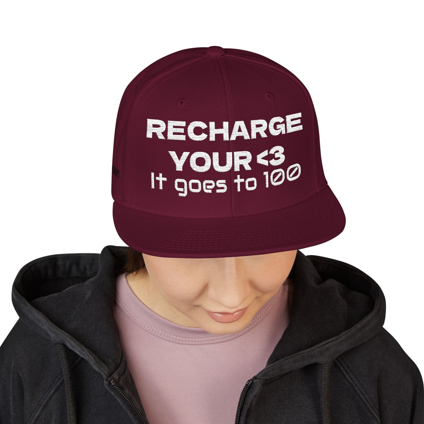 White Font "RECHARGE YOUR <3 It Goes to 100" (Recharge your heart it goes to 100) Snapback Cap, Embroidered Hat, Casual Streetwear, Gift for Him/Her (Many color variants)
