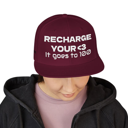 White Font "RECHARGE YOUR <3 It Goes to 100" (Recharge your heart it goes to 100) Snapback Cap, Embroidered Hat, Casual Streetwear, Gift for Him/Her (Many color variants)