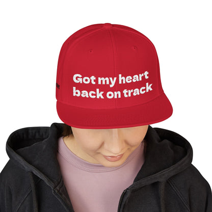 White Font "Got my heart back on track" Snapback Cap, Embroidered Hat, Casual Streetwear, (Many color variants)