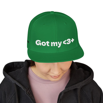 White Font "Got My <3 +" (Got My Heart Positive) Snapback Cap, Embroidered Hat, Casual Streetwear, Gift for Him/Her, (Many color variants)