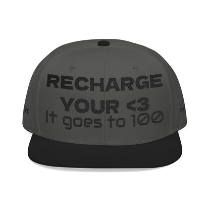 "RECHARGE YOUR <3 It Goes to 100" (Recharge your heart it goes to 100) Snapback Cap, Embroidered Hat, Casual Streetwear, Gift for Him/Her (Many color variants)