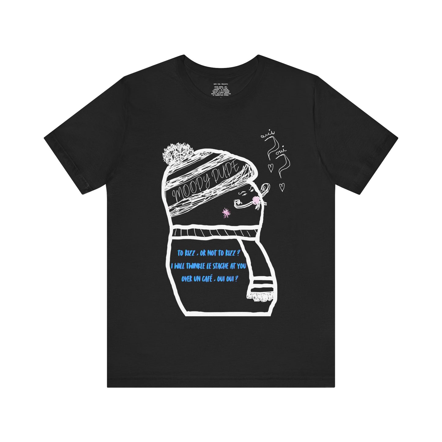 Blue Font  "I will twinkle le stache at you over un cafe, oui oui?" -Rizz ( Coffee ) Monster Unisex Jersey Short Sleeve Tee
