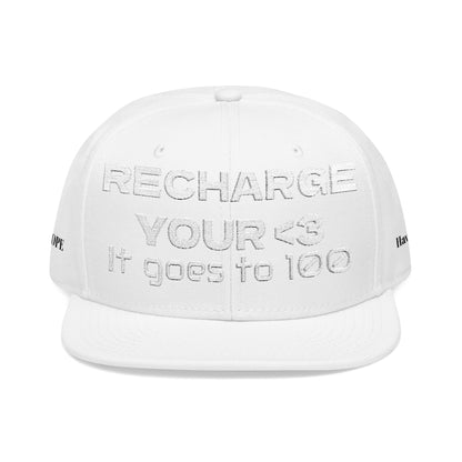 White Font "RECHARGE YOUR <3 It Goes to 100" (Recharge your heart it goes to 100) Snapback Cap, Embroidered Hat, Casual Streetwear, Gift for Him/Her (Many color variants)