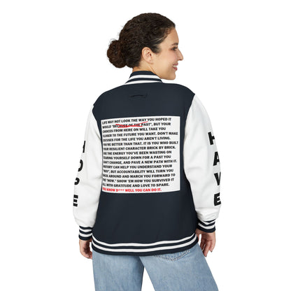 From Here On Have Hope Inspired Unisex Heavyweight Letterman Jacket - Empowering Message "You know D*** well you can do it." Comes in many color variants!