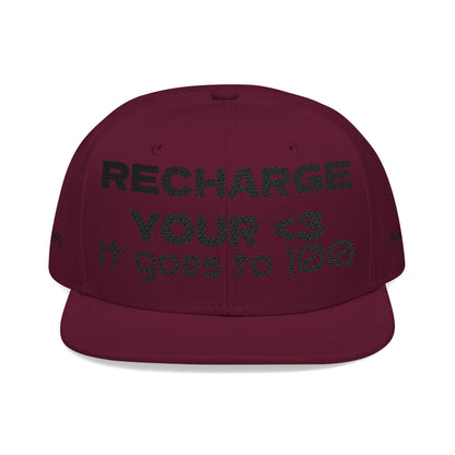 "RECHARGE YOUR <3 It Goes to 100" (Recharge your heart it goes to 100) Snapback Cap, Embroidered Hat, Casual Streetwear, Gift for Him/Her (Many color variants)