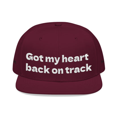 White Font "Got my heart back on track" Snapback Cap, Embroidered Hat, Casual Streetwear, (Many color variants)