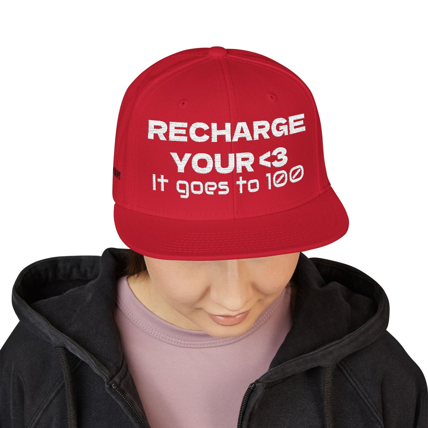 White Font "RECHARGE YOUR <3 It Goes to 100" (Recharge your heart it goes to 100) Snapback Cap, Embroidered Hat, Casual Streetwear, Gift for Him/Her (Many color variants)