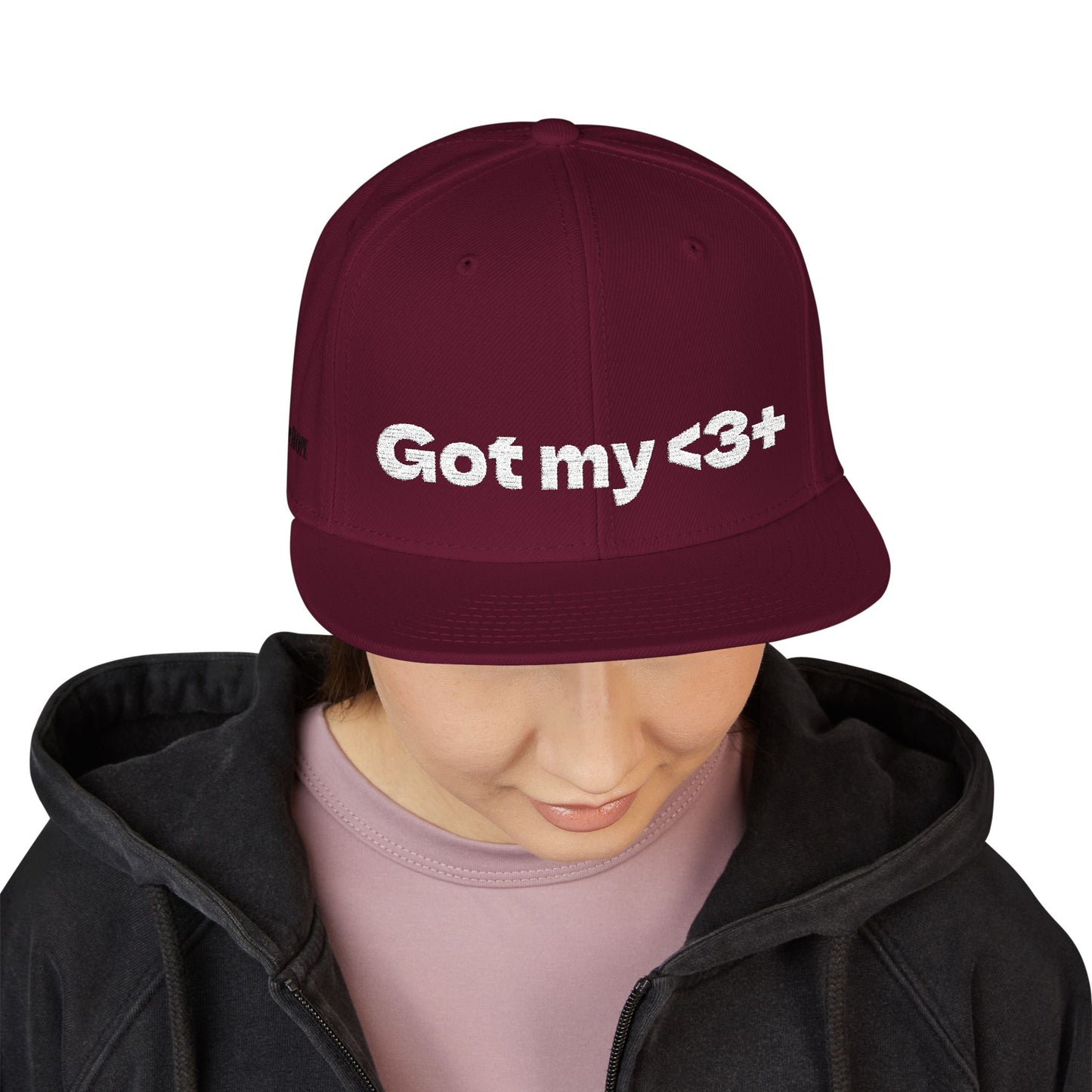 White Font "Got My <3 +" (Got My Heart Positive) Snapback Cap, Embroidered Hat, Casual Streetwear, Gift for Him/Her, (Many color variants)