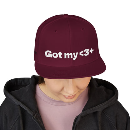 White Font "Got My <3 +" (Got My Heart Positive) Snapback Cap, Embroidered Hat, Casual Streetwear, Gift for Him/Her, (Many color variants)