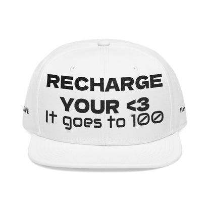 "RECHARGE YOUR <3 It Goes to 100" (Recharge your heart it goes to 100) Snapback Cap, Embroidered Hat, Casual Streetwear, Gift for Him/Her (Many color variants)