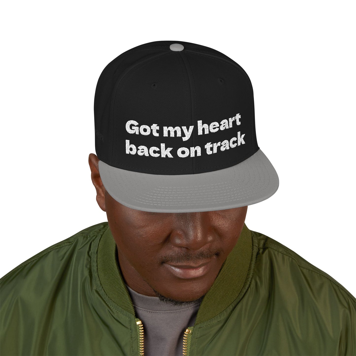 White Font "Got my heart back on track" Snapback Cap, Embroidered Hat, Casual Streetwear, (Many color variants)