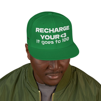 White Font "RECHARGE YOUR <3 It Goes to 100" (Recharge your heart it goes to 100) Snapback Cap, Embroidered Hat, Casual Streetwear, Gift for Him/Her (Many color variants)