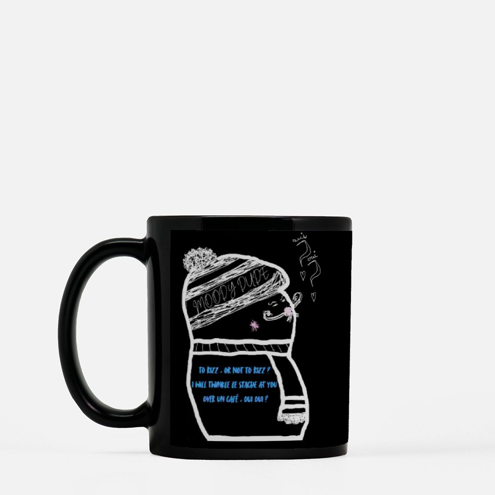 Rizz Monster With Blue Font Black Coffee Mug 11oz - "To rizz, or not to rizz? I will twinkle le stache at you over un cafe, oui oui?"