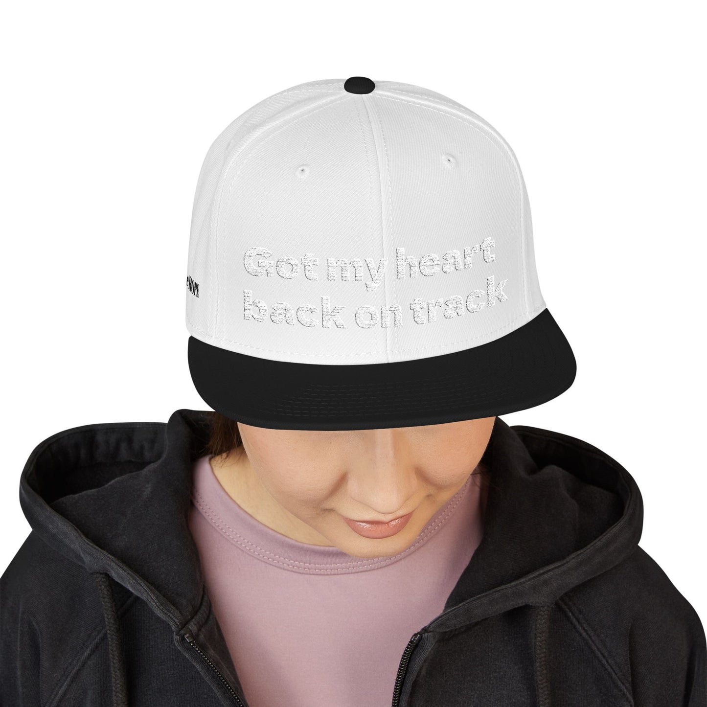 White Font "Got my heart back on track" Snapback Cap, Embroidered Hat, Casual Streetwear, (Many color variants)