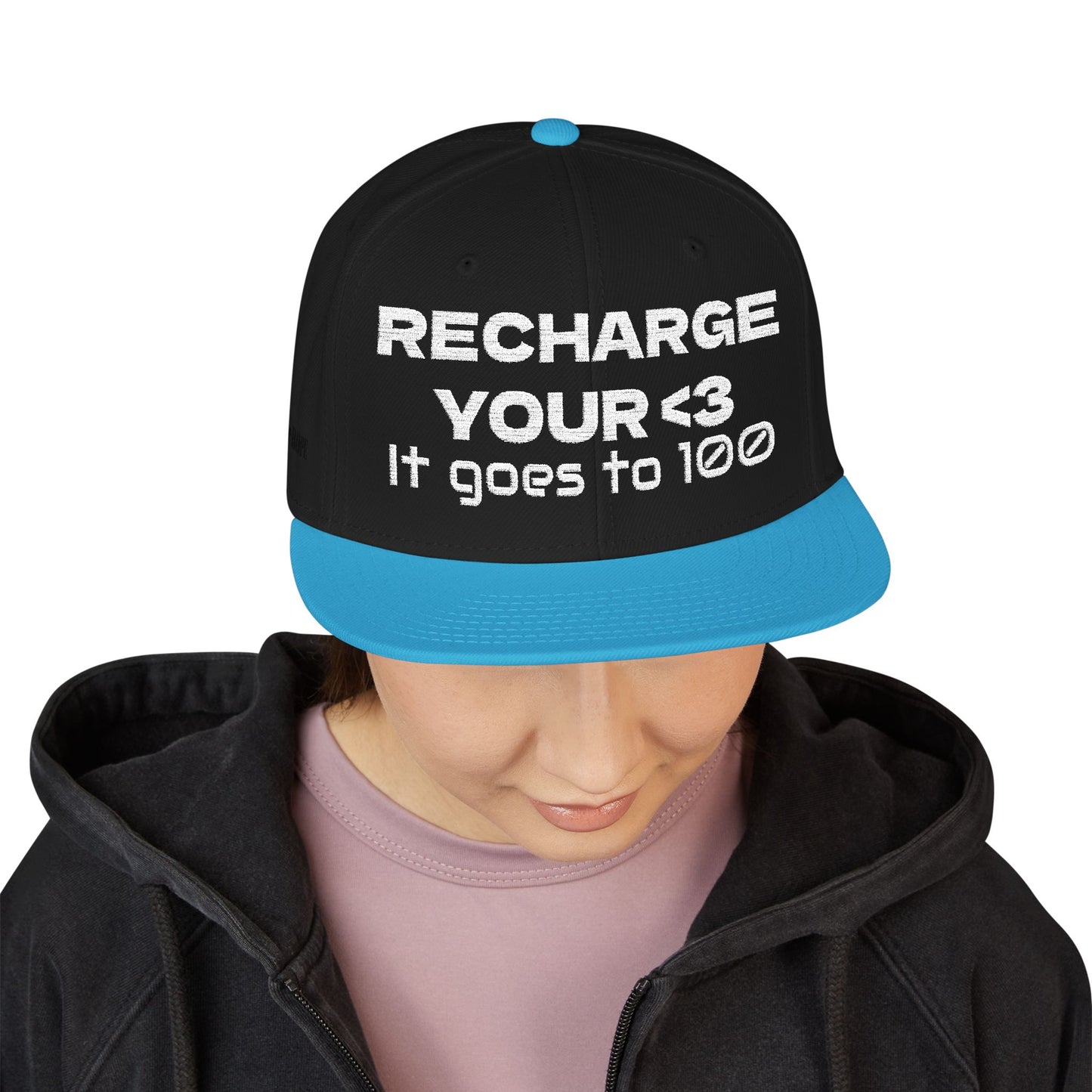 White Font "RECHARGE YOUR <3 It Goes to 100" (Recharge your heart it goes to 100) Snapback Cap, Embroidered Hat, Casual Streetwear, Gift for Him/Her (Many color variants)