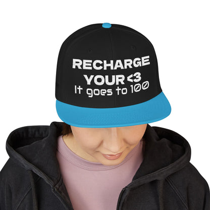 White Font "RECHARGE YOUR <3 It Goes to 100" (Recharge your heart it goes to 100) Snapback Cap, Embroidered Hat, Casual Streetwear, Gift for Him/Her (Many color variants)