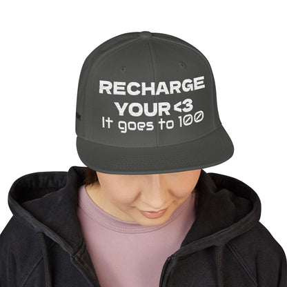 White Font "RECHARGE YOUR <3 It Goes to 100" (Recharge your heart it goes to 100) Snapback Cap, Embroidered Hat, Casual Streetwear, Gift for Him/Her (Many color variants)