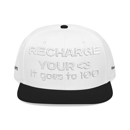 White Font "RECHARGE YOUR <3 It Goes to 100" (Recharge your heart it goes to 100) Snapback Cap, Embroidered Hat, Casual Streetwear, Gift for Him/Her (Many color variants)