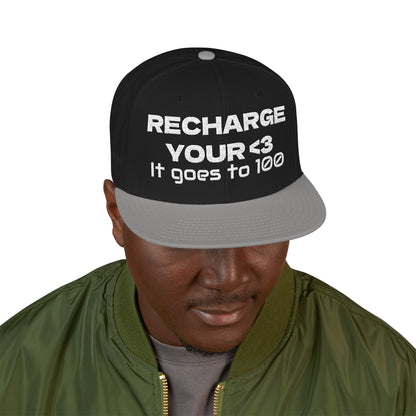 White Font "RECHARGE YOUR <3 It Goes to 100" (Recharge your heart it goes to 100) Snapback Cap, Embroidered Hat, Casual Streetwear, Gift for Him/Her (Many color variants)