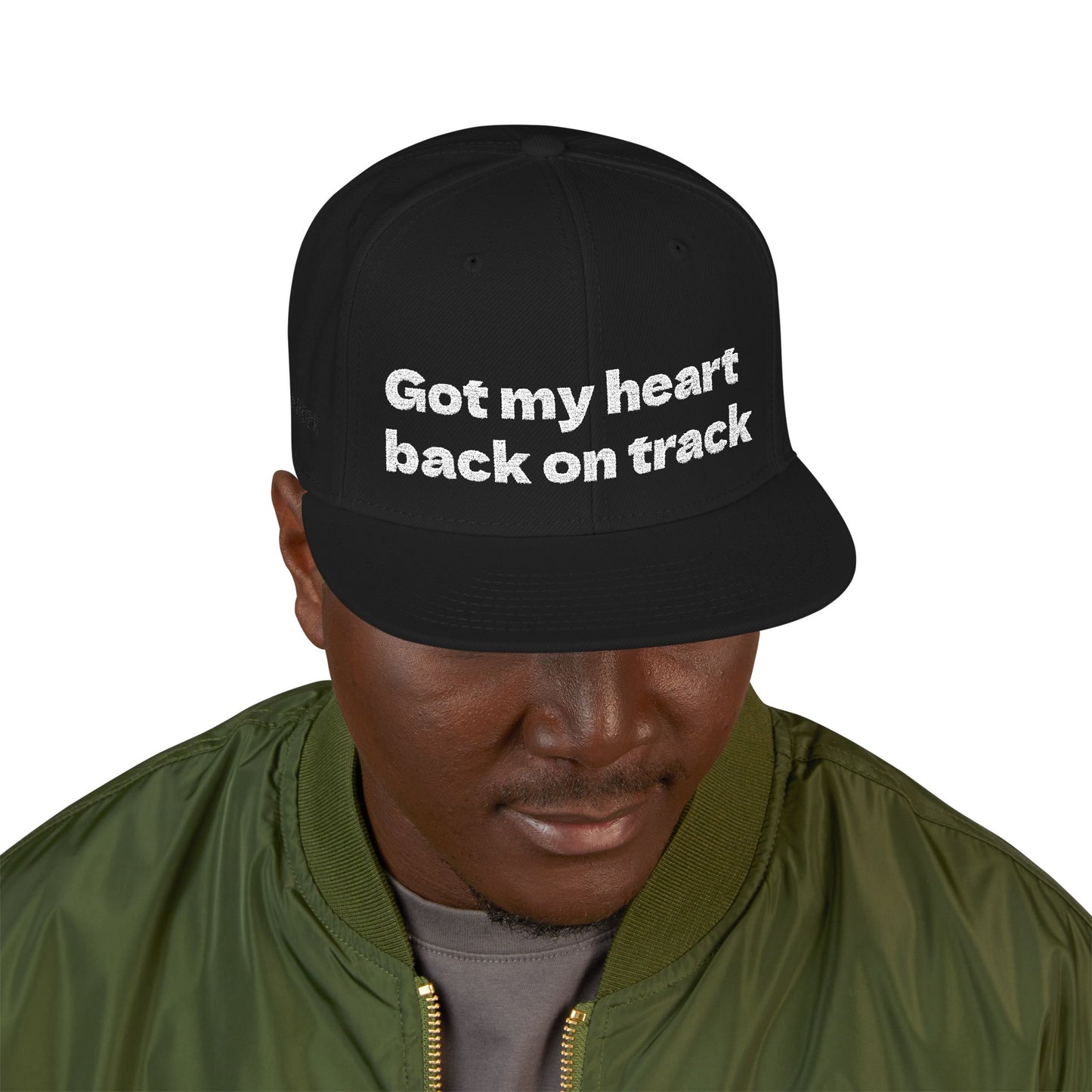White Font "Got my heart back on track" Snapback Cap, Embroidered Hat, Casual Streetwear, (Many color variants)