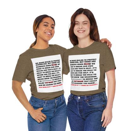 Rule Breaker Motivational Messaging Variants of Green "STOP BEING SO D*** HARD ON YOURSELF." Unisex Jersey Short Sleeve Tee (Color Group 3of4)