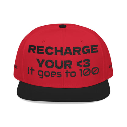 "RECHARGE YOUR <3 It Goes to 100" (Recharge your heart it goes to 100) Snapback Cap, Embroidered Hat, Casual Streetwear, Gift for Him/Her (Many color variants)