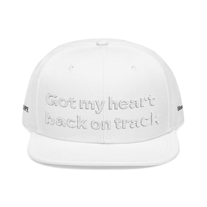 White Font "Got my heart back on track" Snapback Cap, Embroidered Hat, Casual Streetwear, (Many color variants)