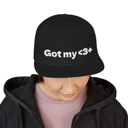 White Font "Got My <3 +" (Got My Heart Positive) Snapback Cap, Embroidered Hat, Casual Streetwear, Gift for Him/Her, (Many color variants)
