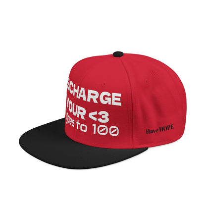White Font "RECHARGE YOUR <3 It Goes to 100" (Recharge your heart it goes to 100) Snapback Cap, Embroidered Hat, Casual Streetwear, Gift for Him/Her (Many color variants)