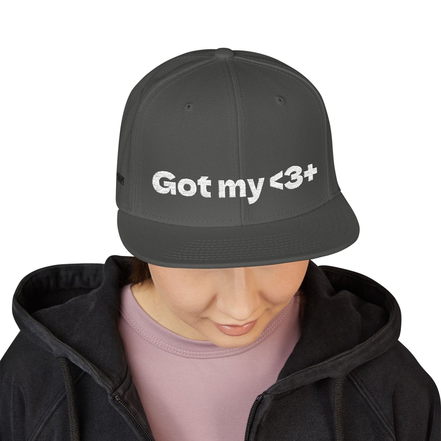 White Font "Got My <3 +" (Got My Heart Positive) Snapback Cap, Embroidered Hat, Casual Streetwear, Gift for Him/Her, (Many color variants)