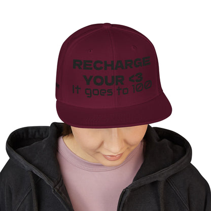 "RECHARGE YOUR <3 It Goes to 100" (Recharge your heart it goes to 100) Snapback Cap, Embroidered Hat, Casual Streetwear, Gift for Him/Her (Many color variants)