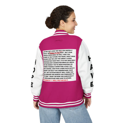 From Here On Have Hope Inspired Unisex Heavyweight Letterman Jacket - Empowering Message "You know D*** well you can do it." Comes in many color variants!
