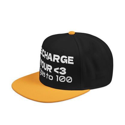 White Font "RECHARGE YOUR <3 It Goes to 100" (Recharge your heart it goes to 100) Snapback Cap, Embroidered Hat, Casual Streetwear, Gift for Him/Her (Many color variants)