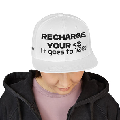 "RECHARGE YOUR <3 It Goes to 100" (Recharge your heart it goes to 100) Snapback Cap, Embroidered Hat, Casual Streetwear, Gift for Him/Her (Many color variants)