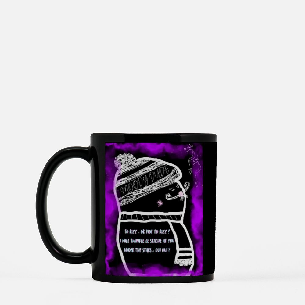 Rizz Monster Color Sprayed Black Coffee Mug 11oz - "To rizz, or not to rizz? I will twinkle le stache at you under the stars, oui oui?"