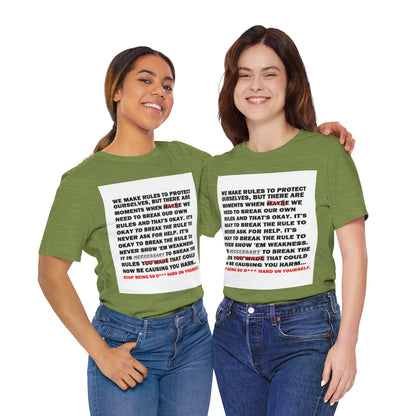 Rule Breaker Motivational Messaging Variants of Green "STOP BEING SO D*** HARD ON YOURSELF." Unisex Jersey Short Sleeve Tee (Color Group 3of4)