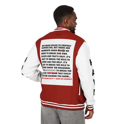 Rule Breaker Have Hope Inspired Unisex Heavyweight Letterman Jacket - Empowering Message "STOP BEING SO D*** HARD ON YOURSELF." Comes in many color variants!