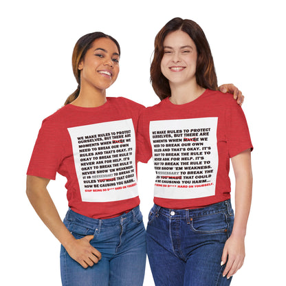 Rule Breaker Motivational Messaging Variants are in Pink, Red, Cream, Yellow, Orange, and Brown "STOP BEING SO D*** HARD ON YOURSELF." Unisex Jersey Short Sleeve Tee (Color Group 2of4)