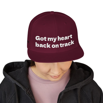White Font "Got my heart back on track" Snapback Cap, Embroidered Hat, Casual Streetwear, (Many color variants)