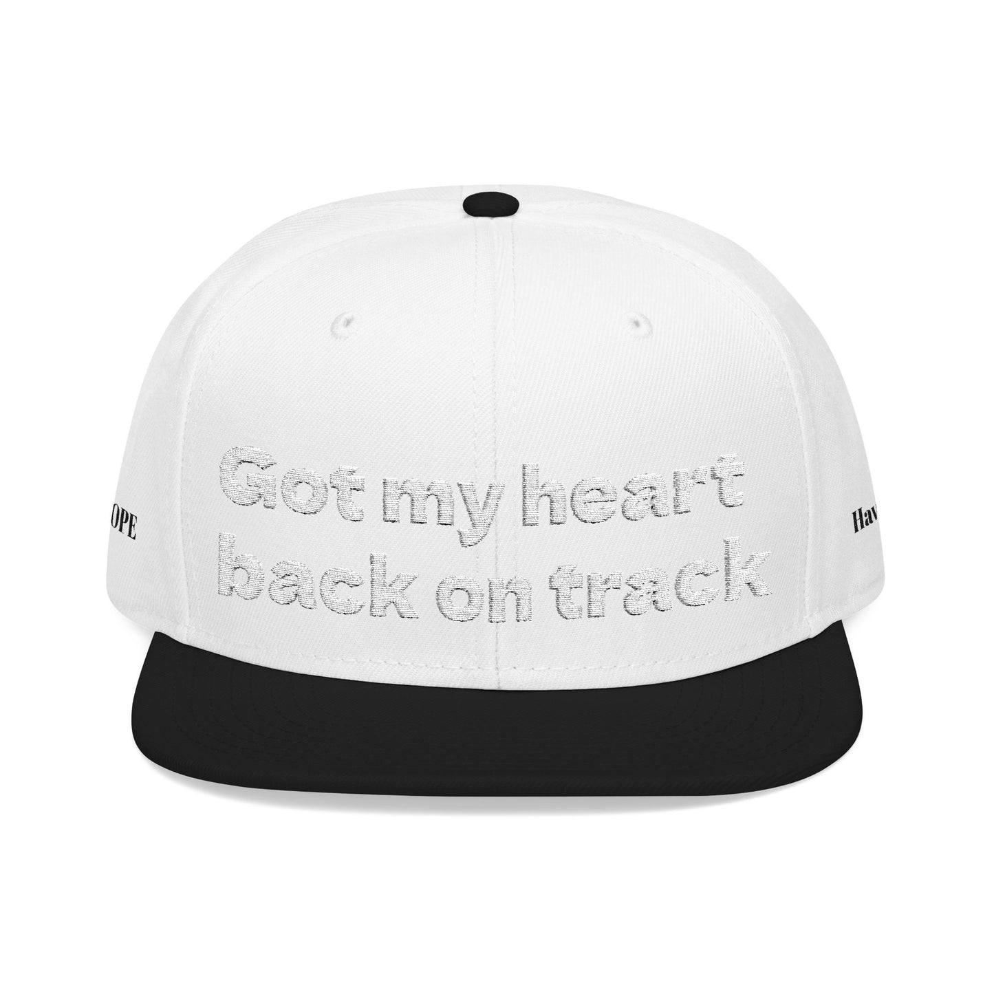 White Font "Got my heart back on track" Snapback Cap, Embroidered Hat, Casual Streetwear, (Many color variants)