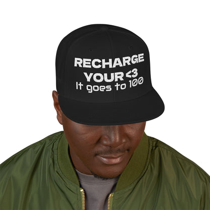 White Font "RECHARGE YOUR <3 It Goes to 100" (Recharge your heart it goes to 100) Snapback Cap, Embroidered Hat, Casual Streetwear, Gift for Him/Her (Many color variants)