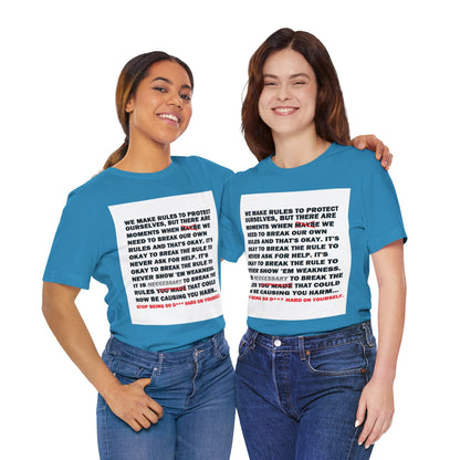 Rule Breaker Motivational Messaging Variants of Blue "STOP BEING SO D*** HARD ON YOURSELF." Unisex Jersey Short Sleeve Tee (Color Group 4of4)